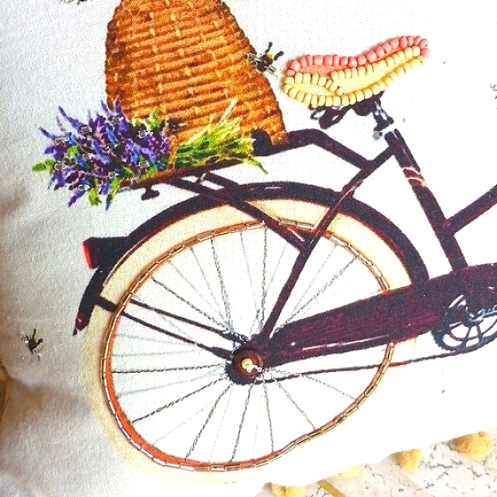 Embroidered Bike with Beaded Beehive Pillow by Valeri...QVC,,NEW - Picture 3 of 14